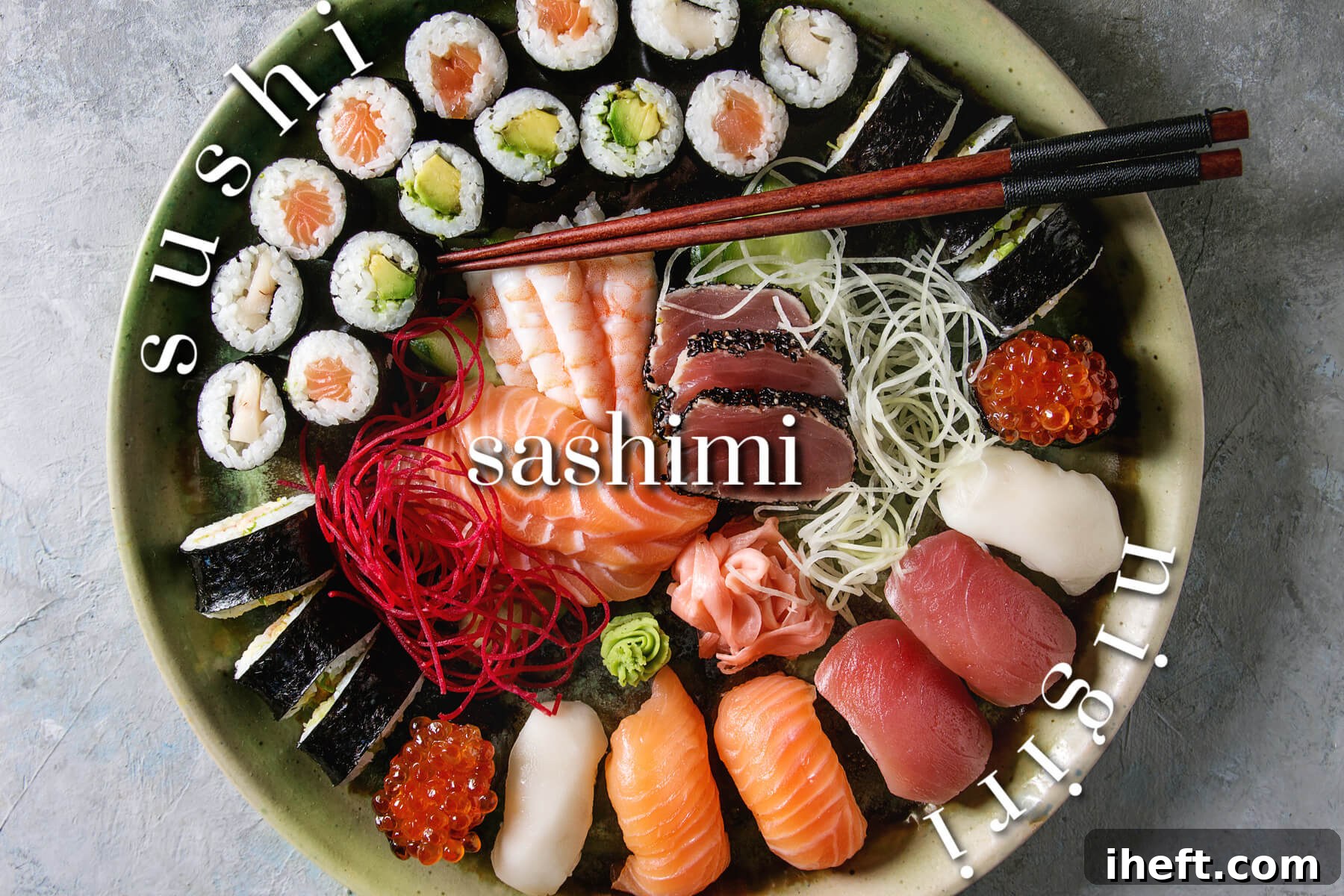 An exquisite sushi platter presenting a diverse spread: artfully arranged sushi rolls, glistening slices of salmon, ahi tuna, and shrimp sashimi (pure raw fish) centrally placed, and perfectly portioned nigiri (raw fish atop seasoned sushi rice) adorning the bottom. Overlaying text clearly labels "sushi," "sashimi," and "nigiri" over their respective sections for easy identification.