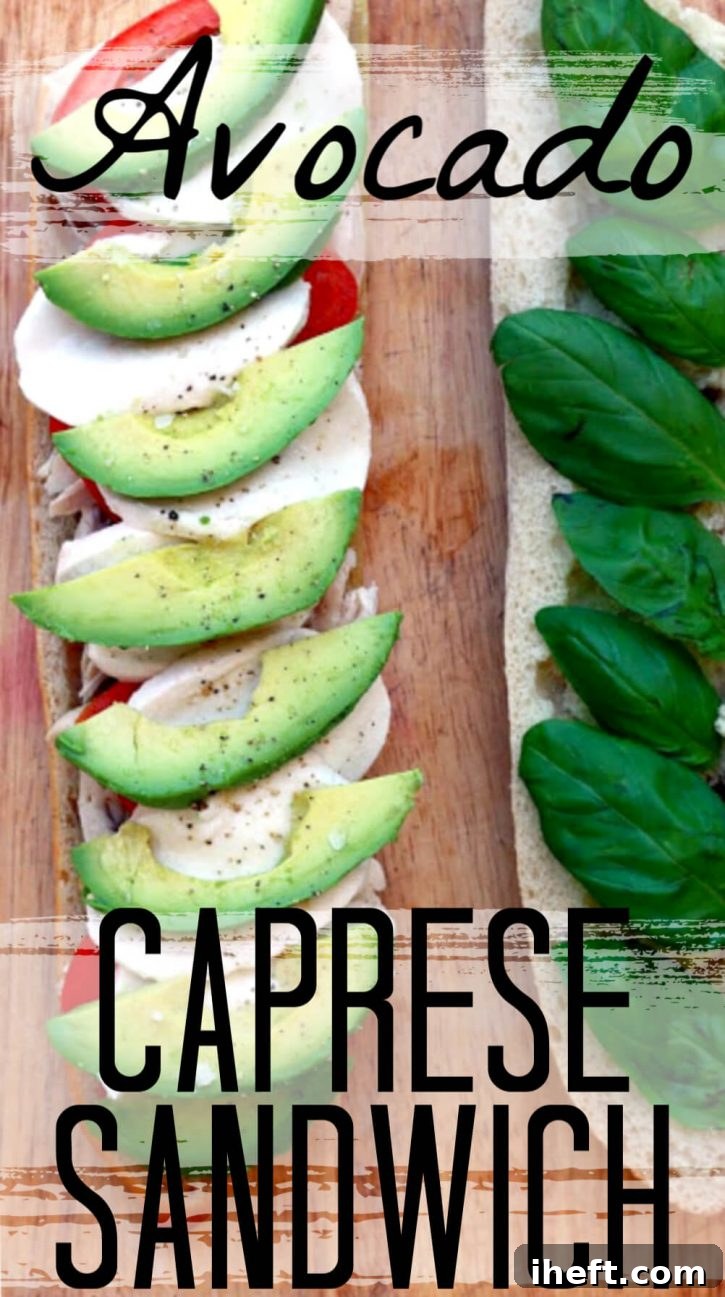 Crispy baguette slices topped with vibrant red tomatoes, creamy fresh mozzarella, luscious avocado, and bright green basil leaves, ready to be assembled into a delicious Caprese sandwich.