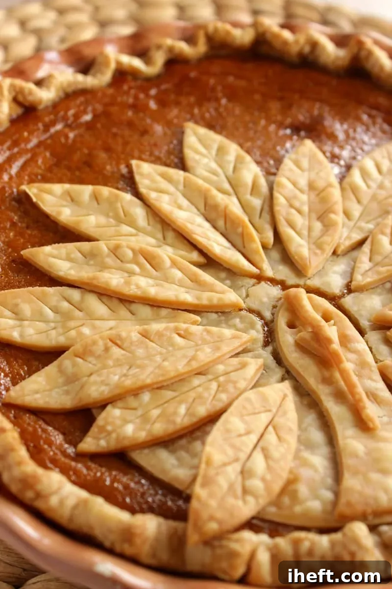 A close-up photo of a pumpkin pie decorated with a charming turkey figure crafted from pie crust, complete with feather details, nestled in the center of the pie.