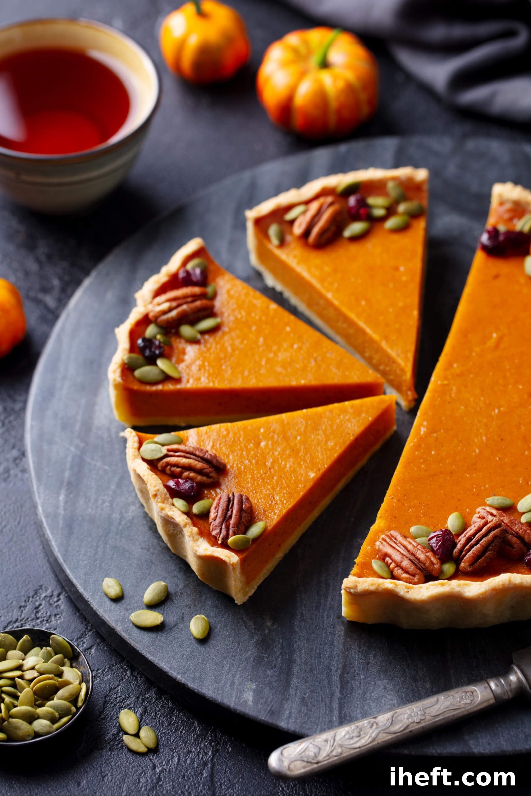 A pumpkin pie is elegantly decorated with a scattering of toasted pecans and bright green pumpkin seeds, with several slices already cut and served on a rustic slate tray.