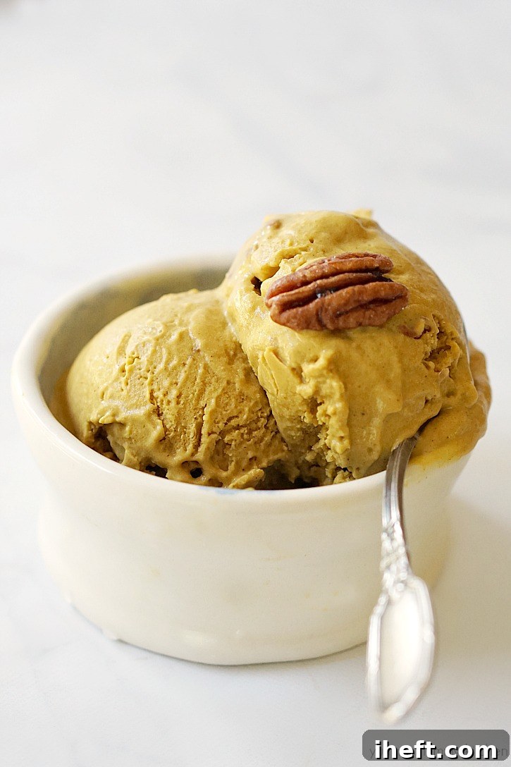 A beautifully presented bowl of coconut milk-based pumpkin pie ice cream, generously topped with candied pecans.