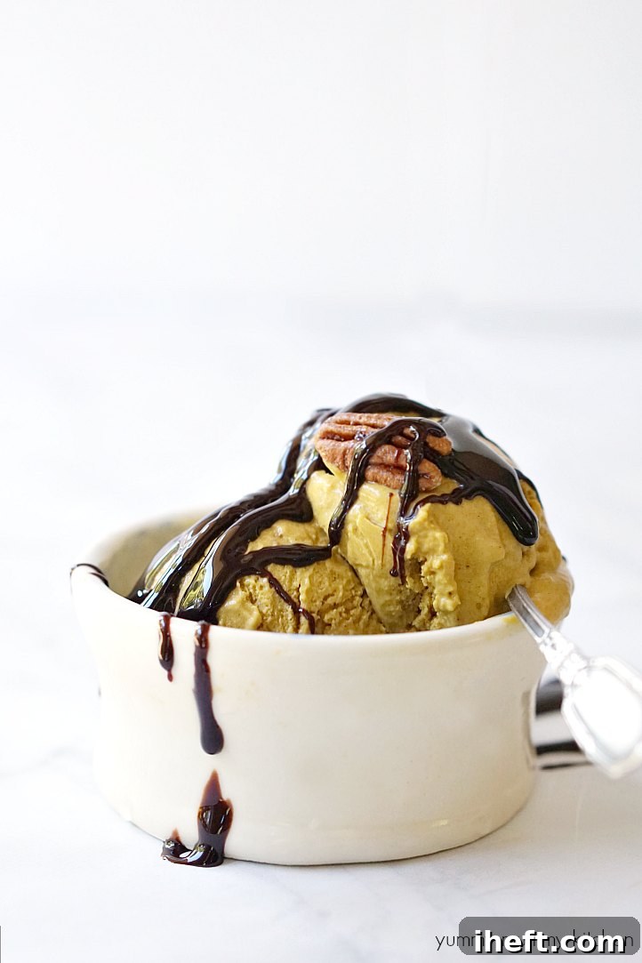 Two generous scoops of creamy vegan pumpkin ice cream elegantly drizzled with chocolate sauce and garnished with pecans.