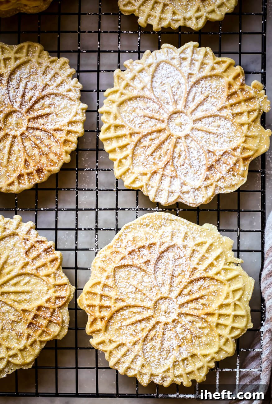 An overhead photo of perfectly dusted pizzelle cookies arranged on a cooling rack, highlighting their beautiful patterns.
