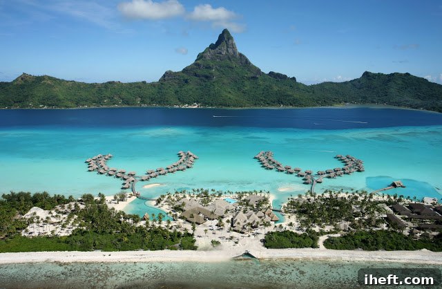 Aerial View of InterContinental Bora Bora Resort Overwater Bungalows, Courtesy of InterContinental