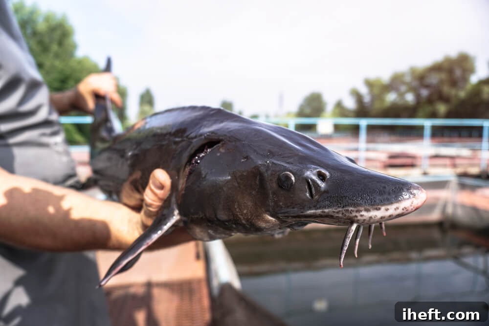 A sturgeon farmer holds up a large sturgeon fish being raised for caviar. 