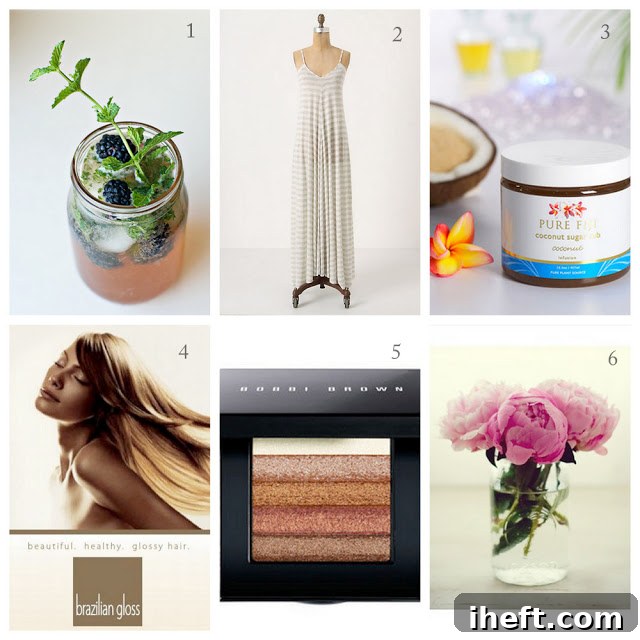 A collection of five essential summer items: mason jars, a flattering dress, a tropical body scrub, a hair treatment, and a shimmer brick.