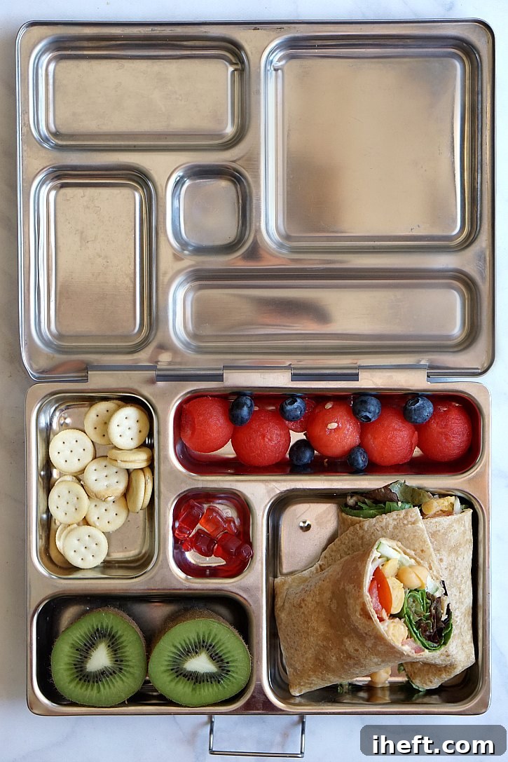 A wholesome vegetarian packed lunch featuring a Mediterranean wrap, accompanied by refreshing fruits and healthy snacks.