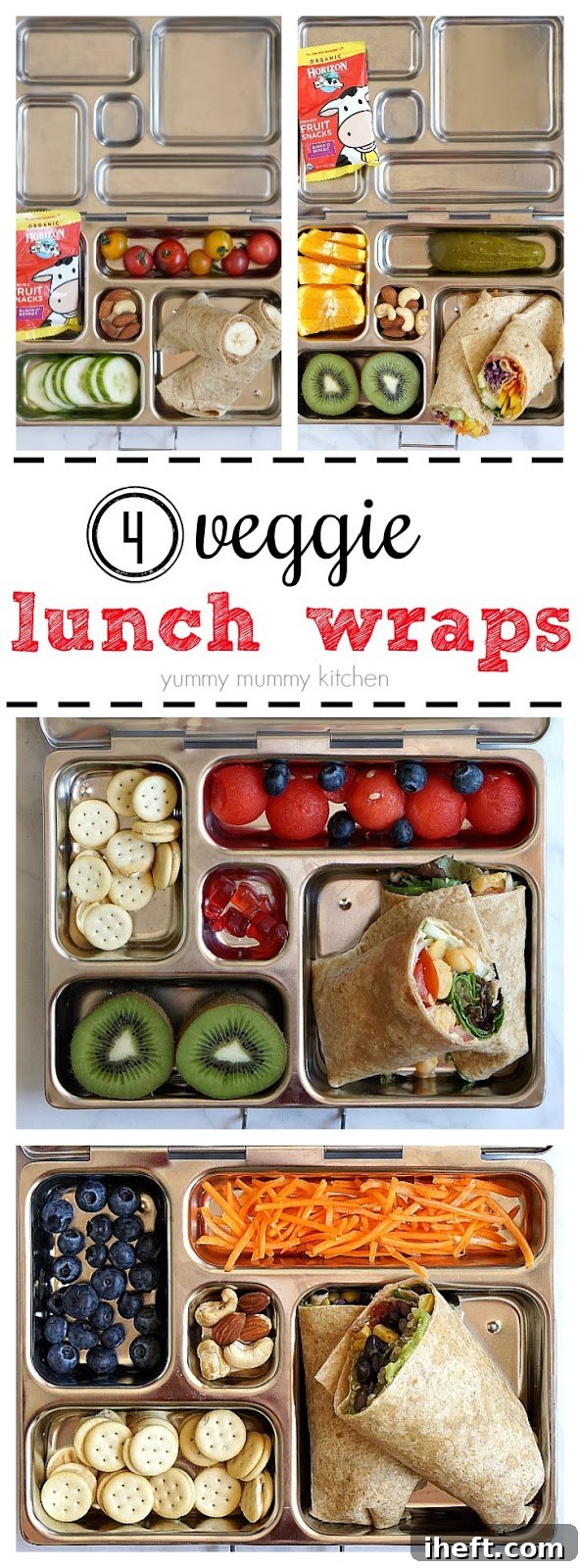 A vibrant selection of four vegetarian tortilla wraps alongside perfectly packed lunch boxes for both children and adults, highlighting healthy meal ideas.