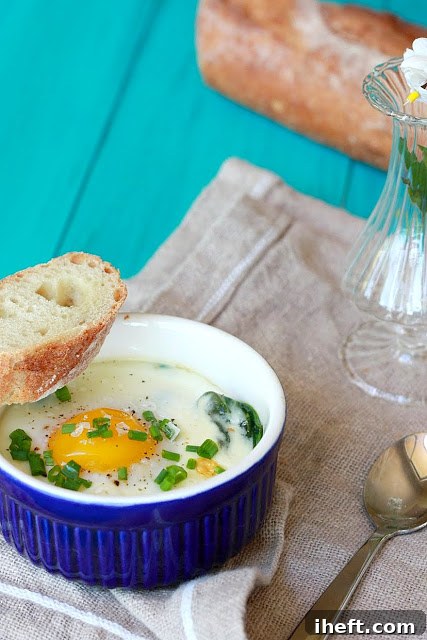 Eggs en Cocotte baked in a blue ramekin with a slice of baguette on the side. Egg is topped with chives. 