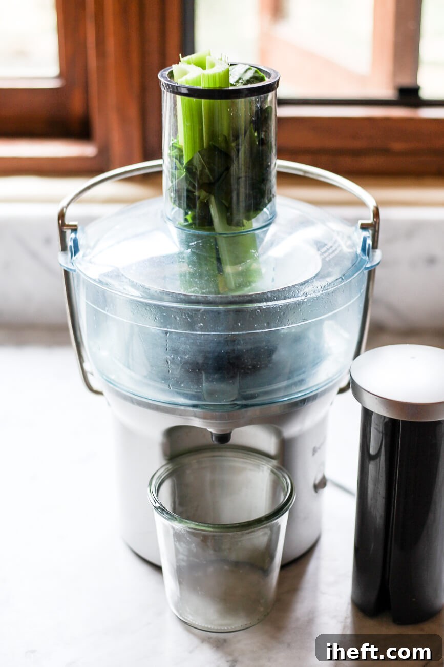 An assortment of fresh green vegetables, including celery, spinach, and dandelion greens, being fed into the top chute of a Breville juicer, ready for juice extraction.