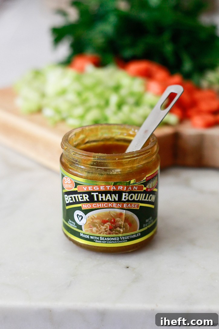 A jar of Better Than Bouillon No Chicken Base. This highly flavorful base is key to making the best vegetarian and vegan 'chicken soup'.
