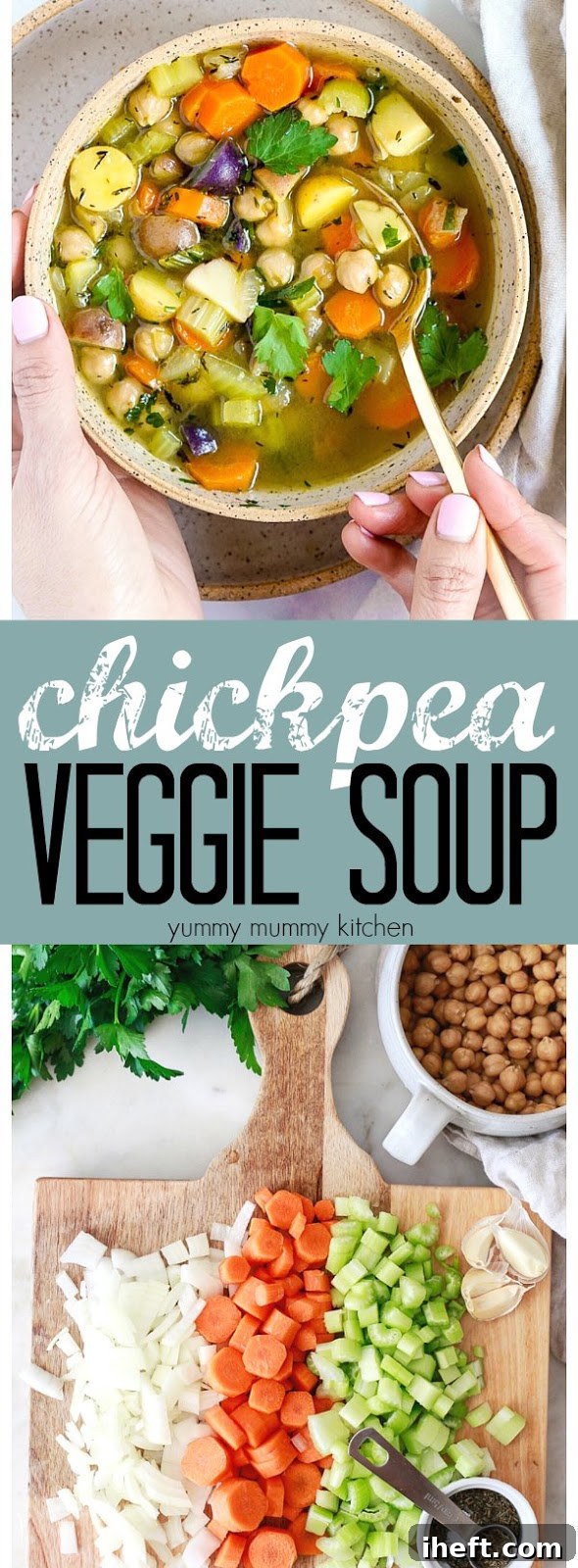 This chickpea vegetable soup is incredibly easy and delicious! Add noodles for a delightful vegetarian and vegan 'chicken noodle soup' option. Instant Pot instructions are included for maximum convenience.