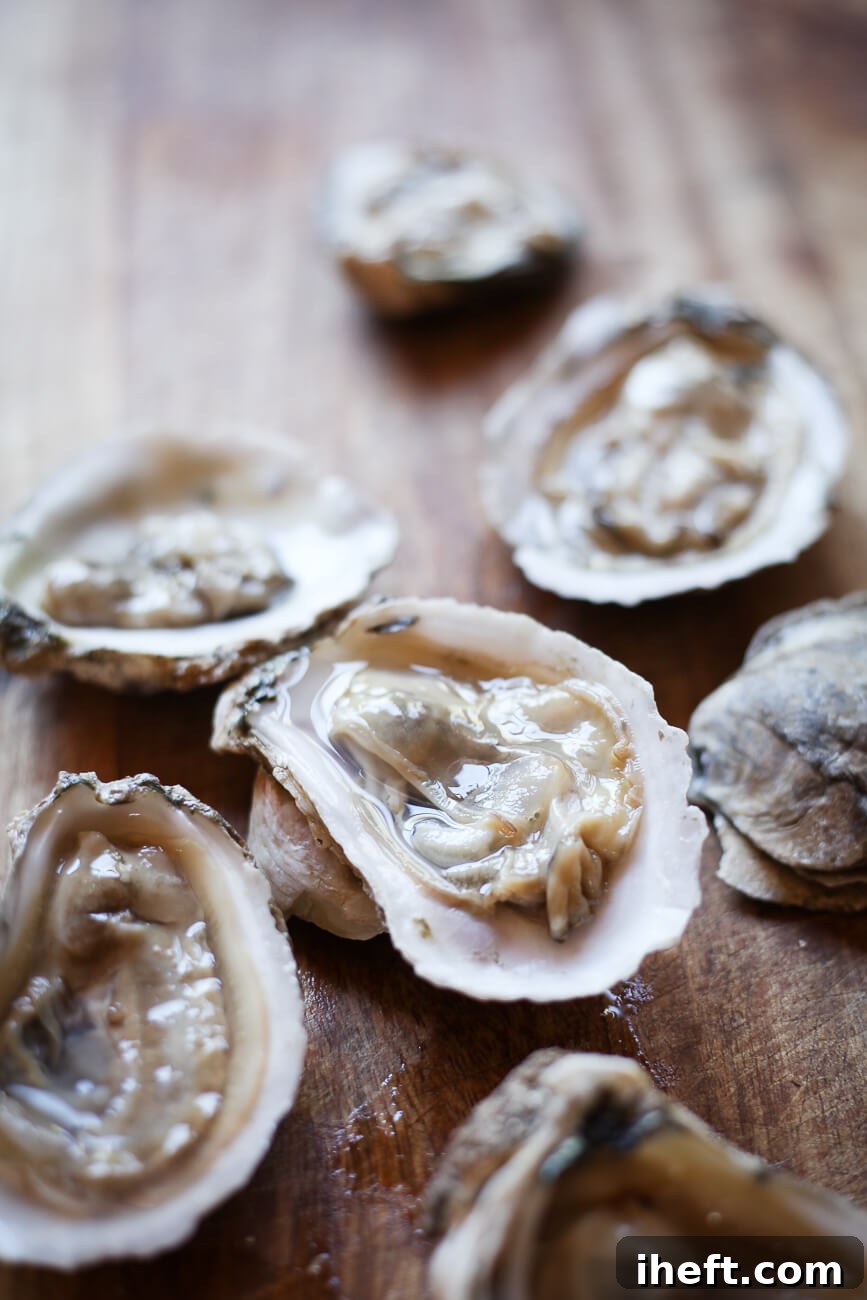 Six freshly shucked raw oysters on the half shell are meticulously arranged on a rustic wooden cutting board, ready for enjoyment. 