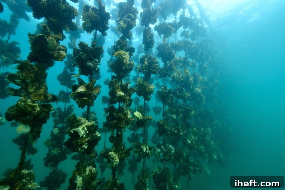 An intriguing underwater photograph shows oysters thriving in dense clusters, cultivated on hanging ropes in an aquaculture farm. 