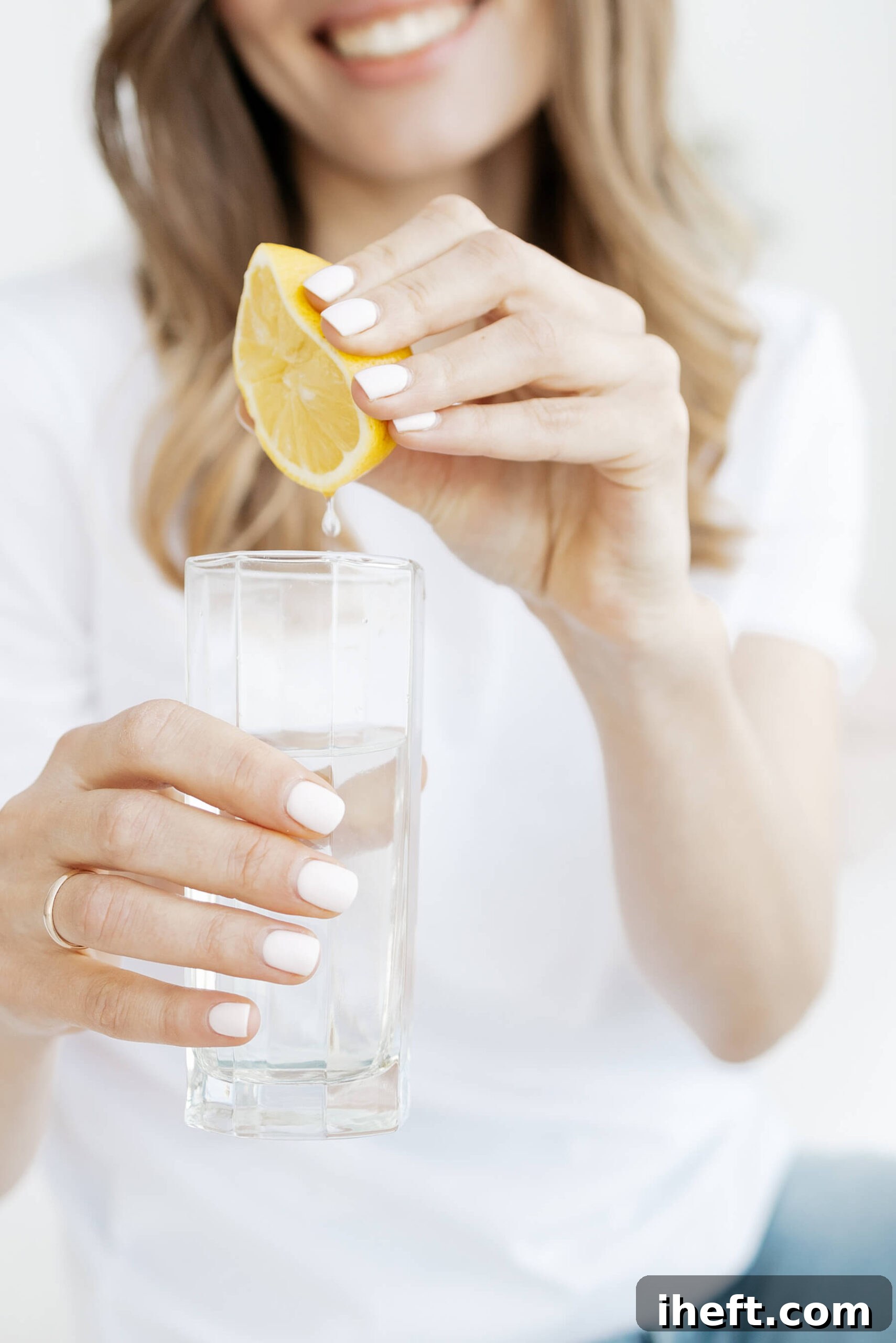 A woman squeezes a lemon into a tall glass of salt water cleanse recipe.