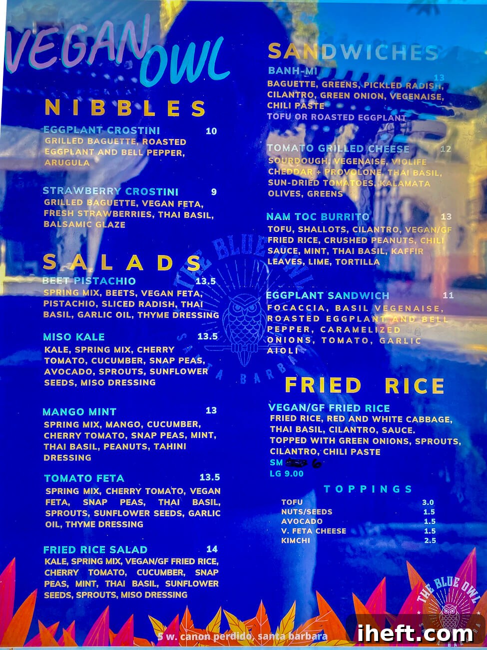 A clear view of a blue-colored vegan menu, prominently titled "Vegan Owl," displayed in the window of The Blue Owl restaurant in Santa Barbara.