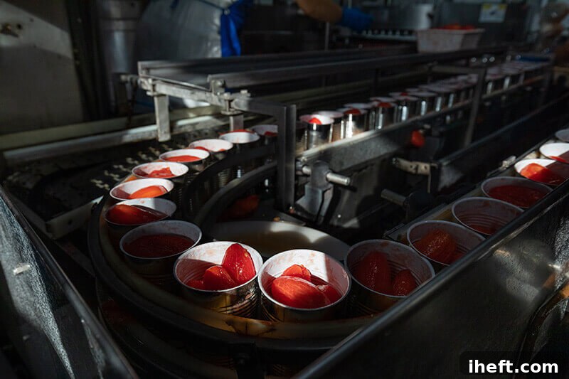 Metal cans filled with San Marzano DOP whole peeled tomatoes in a factory in Italy.