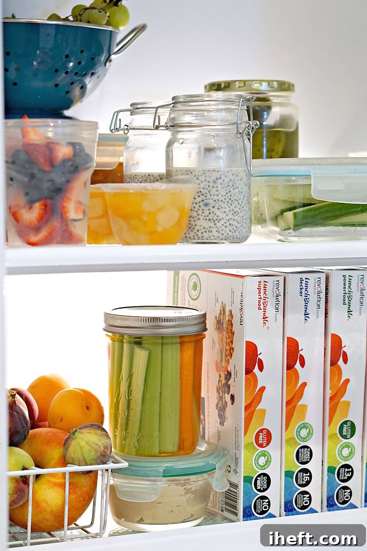 Organized kitchen counter with healthy food items, ready for meal prep