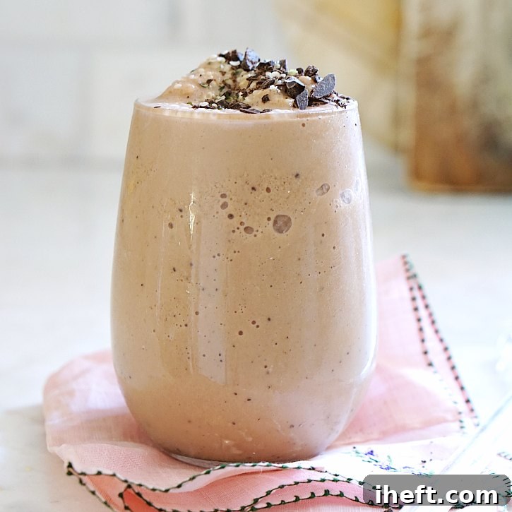Creamy and decadent maca smoothie with a perfect blend of chocolate and banana for a nutritious boost.