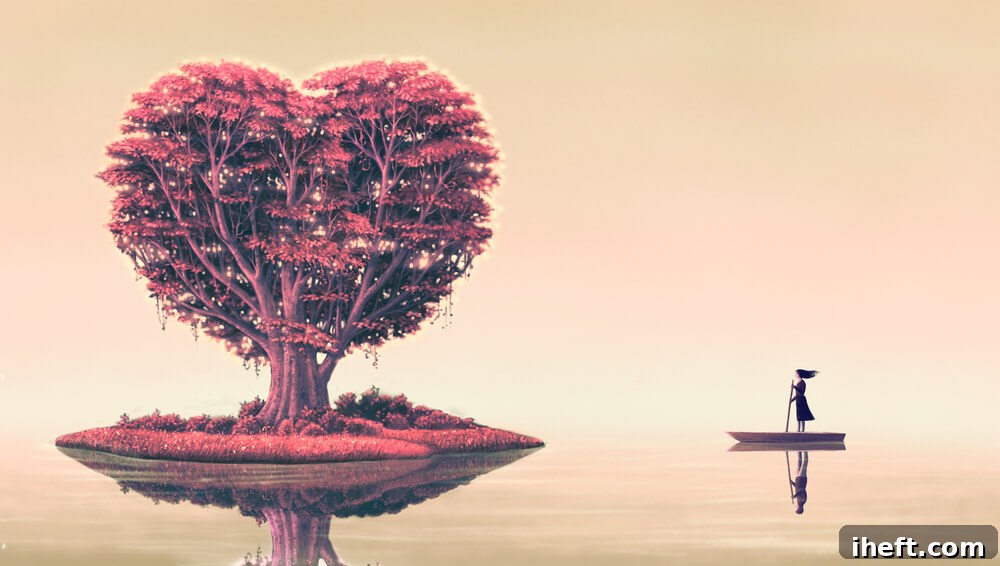 An illustration of a woman standing up paddling a canoe toward a heart-shaped tree on a serene lake, symbolizing a journey of love and connection.