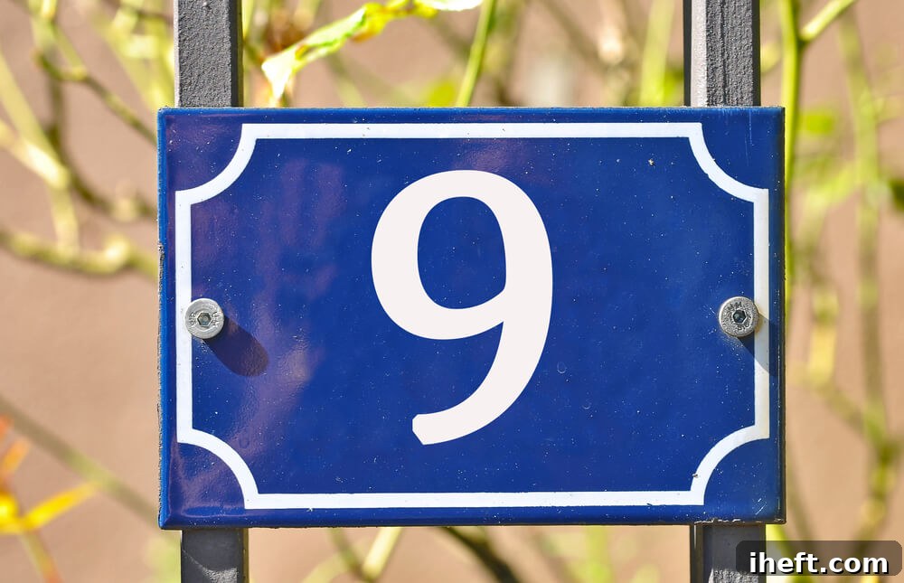 A blue and white address sign with a white number 9 on it. 