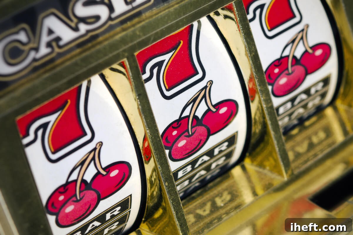 A close-up of a gold casino slot machine with red 777 and cherries on the display, symbolizing luck and abundance.