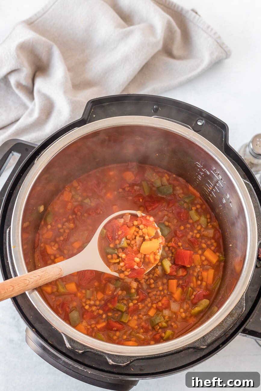 A ladle expertly serving rich, hearty lentil chili directly from the Instant Pot into a serving bowl.