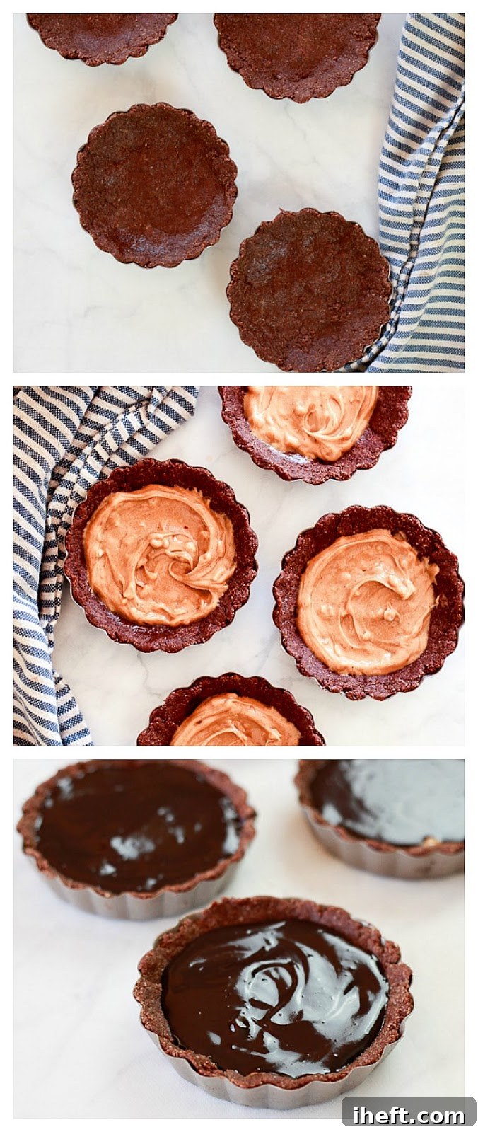 These no-bake chocolate peanut butter tarts are incredibly easy to make, featuring a simple almond flour crust, a creamy peanut or almond butter filling, and a velvety vegan ganache.