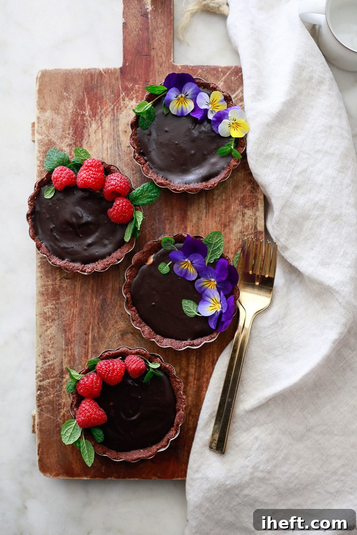 These no-bake chocolate tarts offer a beautiful and healthier dessert option, perfect for any occasion and easy to prepare.