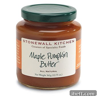 A jar of Stonewall Kitchen maple pumpkin butter, highlighting the key ingredient for this easy pumpkin cheesecake dip.