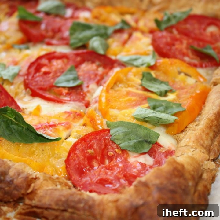Heirloom Tomato Puff Pastry Pizza Tart with basil