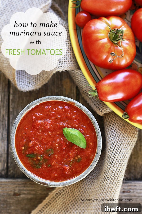 This delicious marinara pasta sauce is easy to make with fresh garden tomatoes, showcasing a rich, homemade flavor.