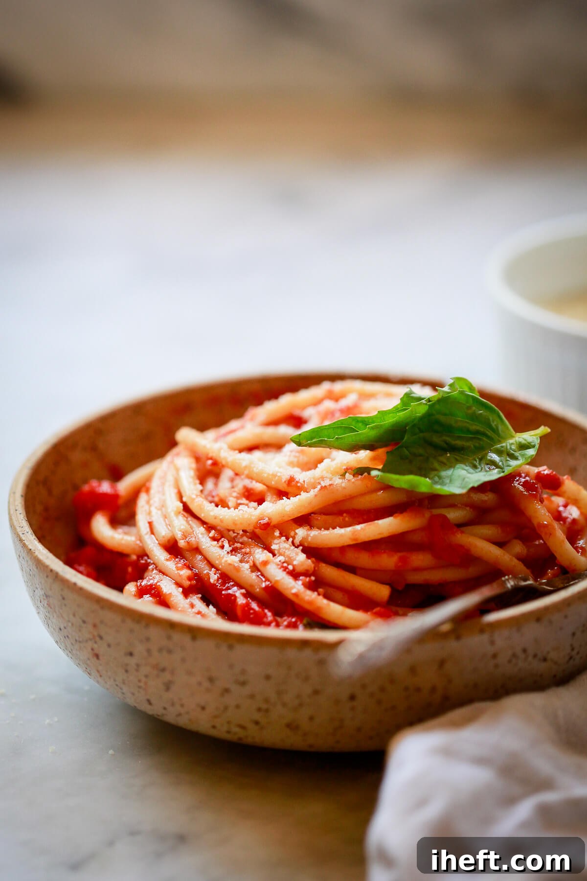 A close-up view of homemade spaghetti adorned with rich San Marzano tomato sauce, topped with vibrant fresh basil and grated Parmesan cheese, set on a white marble counter.