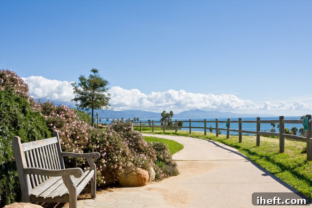 A wooden bench on the path at Shoreline Park in Santa Barbara with the ocean in front. This is a beautiful park for kids and families in Santa Barbara. 