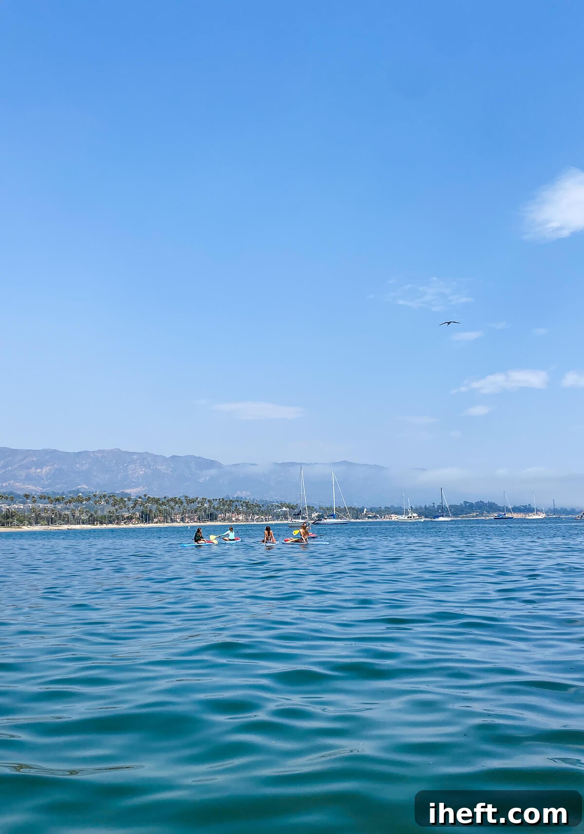 5 teenagers sit on paddleboards in the Santa Barbara ocean with the mountains and shoreline in the background. 