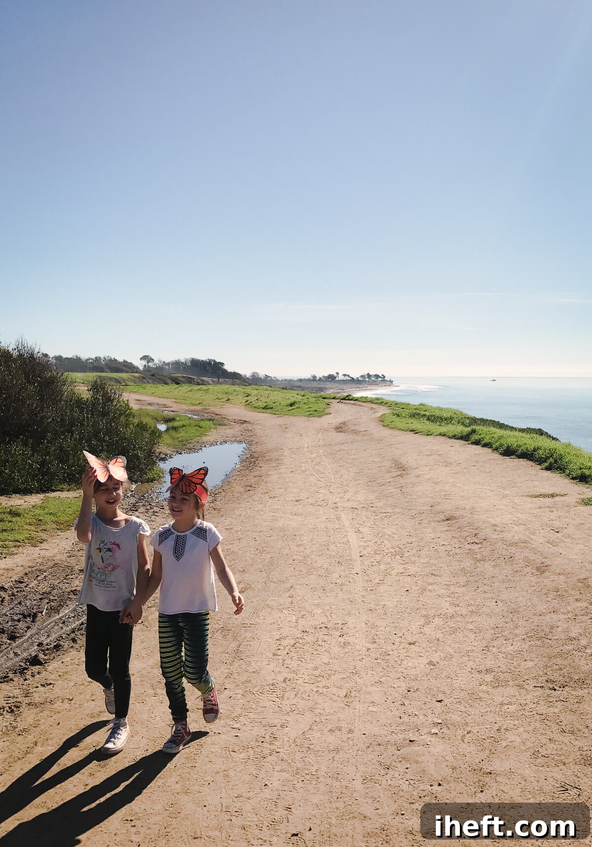 Two little girls wearing big monarch butterfly headbands hold hands while walking on the Ellwood Bluffs in Goleta. 