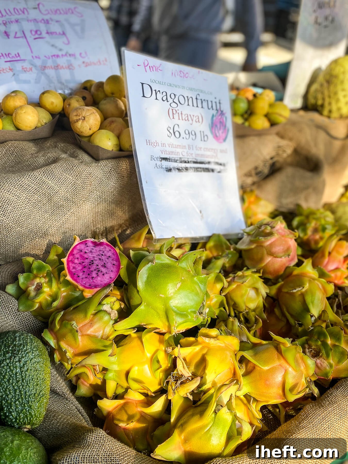 Pitaya (dragon fruit) display at the Santa Barbara Farmers Market.