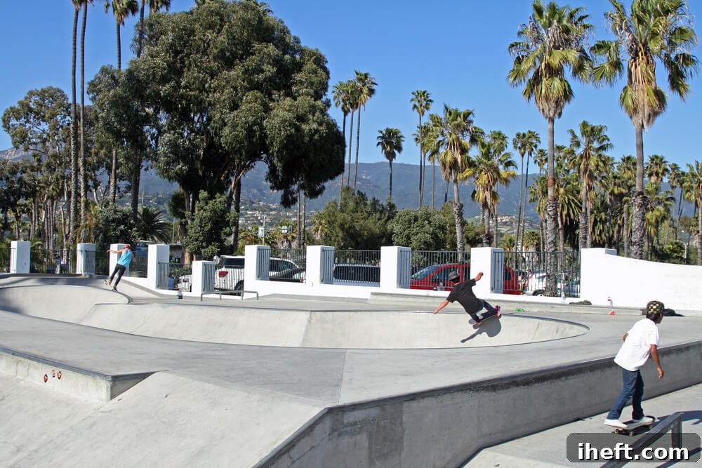 Teen boys skateboard at Skater's Point skate park in Santa Barbara with mountains and palm trees in the background. 