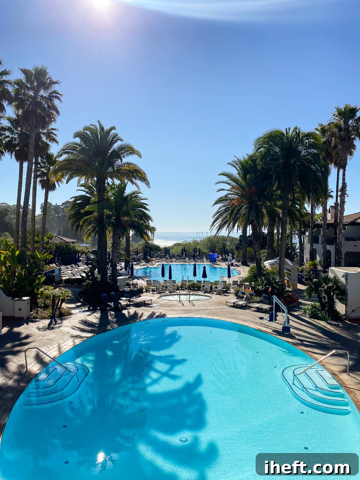 The pools at the beautiful Ritz Carlton Bacara in Santa Barbara. The ocean can be seen in the background. 