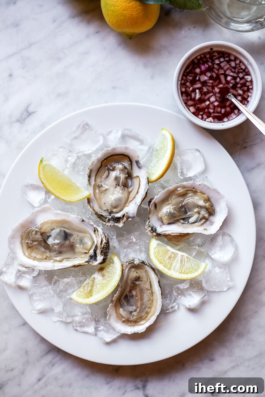 Raw oysters on the half shell on ice with lemon slices and a side of mignonette sauce on a marble countertop as an expensive of the most expensive foods in the world. 