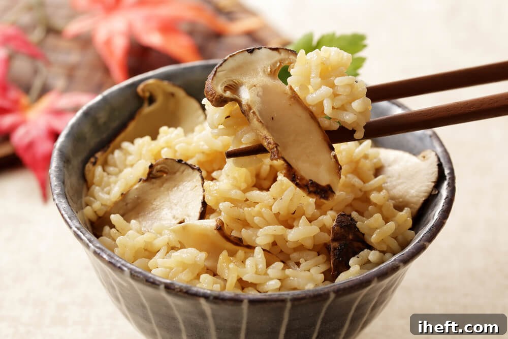 A small grey ceramic bowl filled with rice and sliced Matsutake Mushrooms. Wooden chopsticks lift a bite. These are the most expensive mushrooms. 