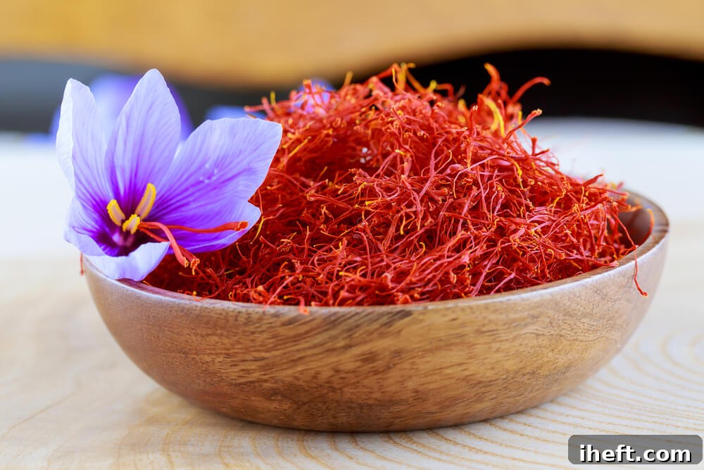 A bowl of red saffron threads in a wooden bowl with a purple saffron flower on the side as an example of the most expensive foods. 