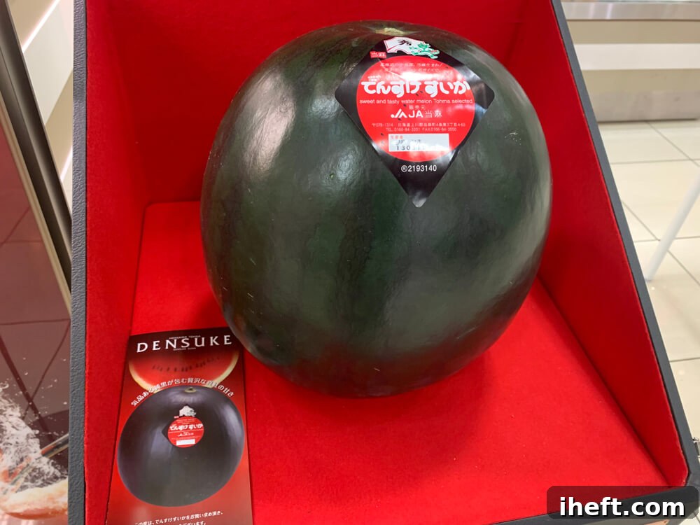 A black Densuke watermelon in a red case in Japan. 