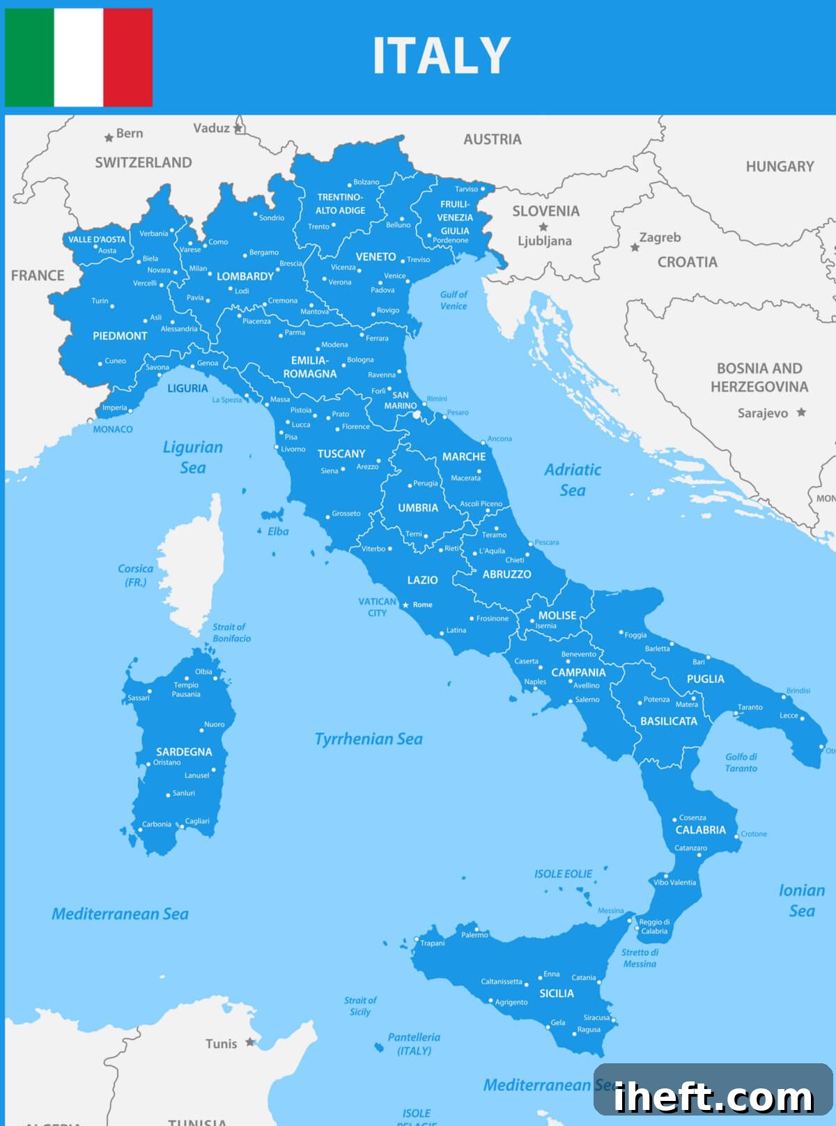 A blue map of Italy showing the various regions and their culinary influences.