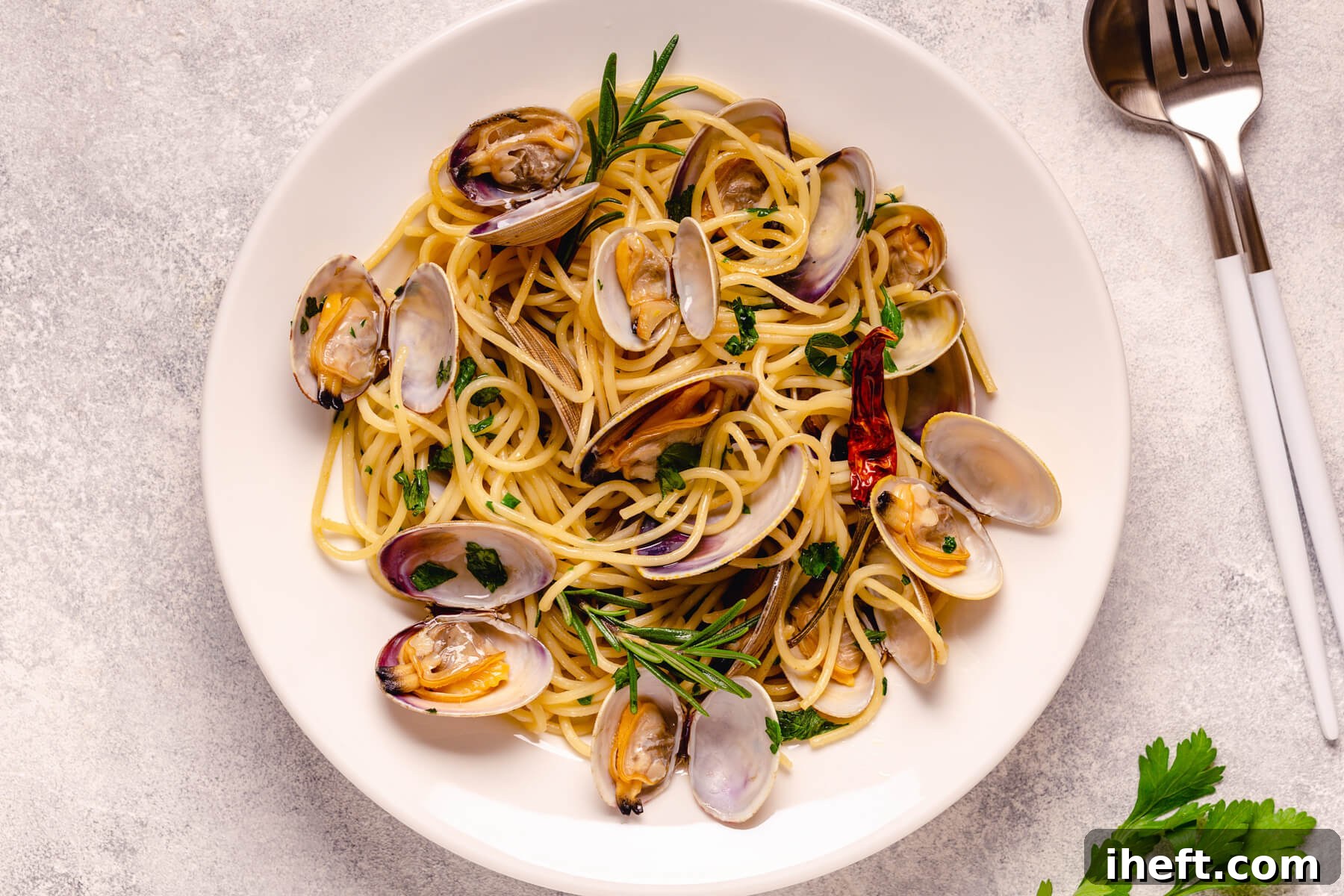 A white bowl of classic Italian spaghetti with fresh clams, set against a modern concrete background, highlighting its simplicity and elegance.