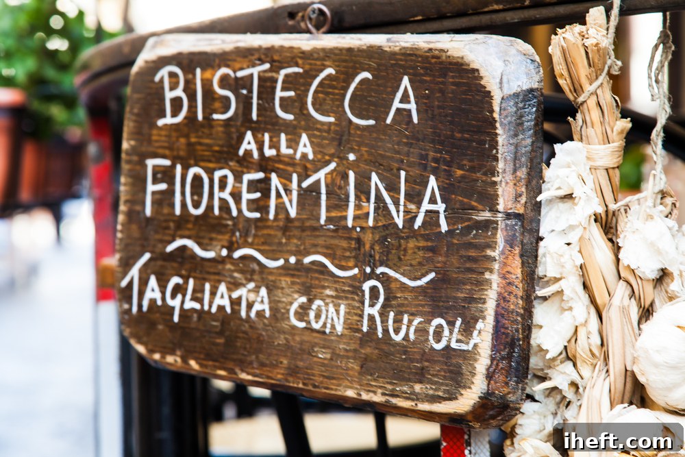 A rustic wooden sign proudly displaying the words "Bistecca alla Fiorentina," beckoning diners to enjoy a Tuscan specialty.