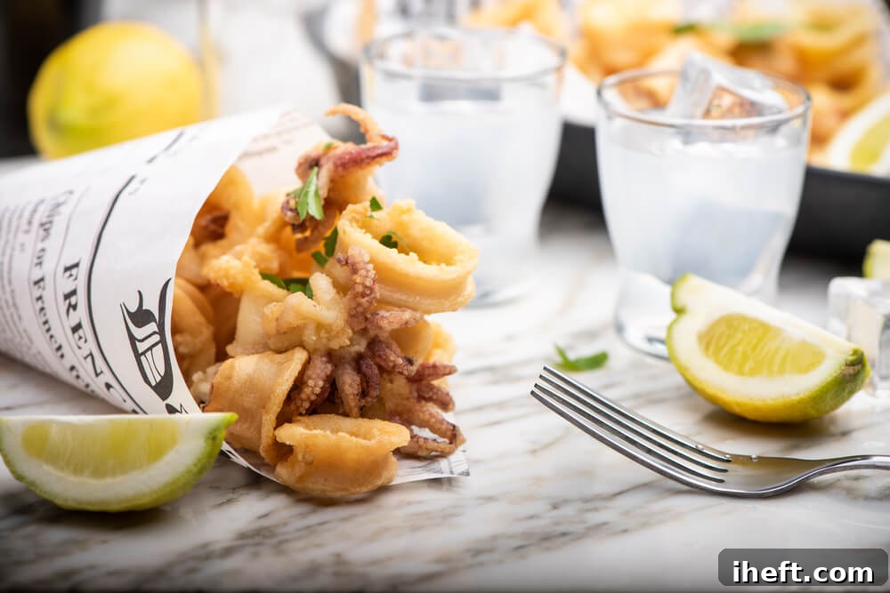 A paper cone overflowing with typical Italian fritto misto or calamari, served alongside lemon wedges and a glass of water, perfect for street food enjoyment.