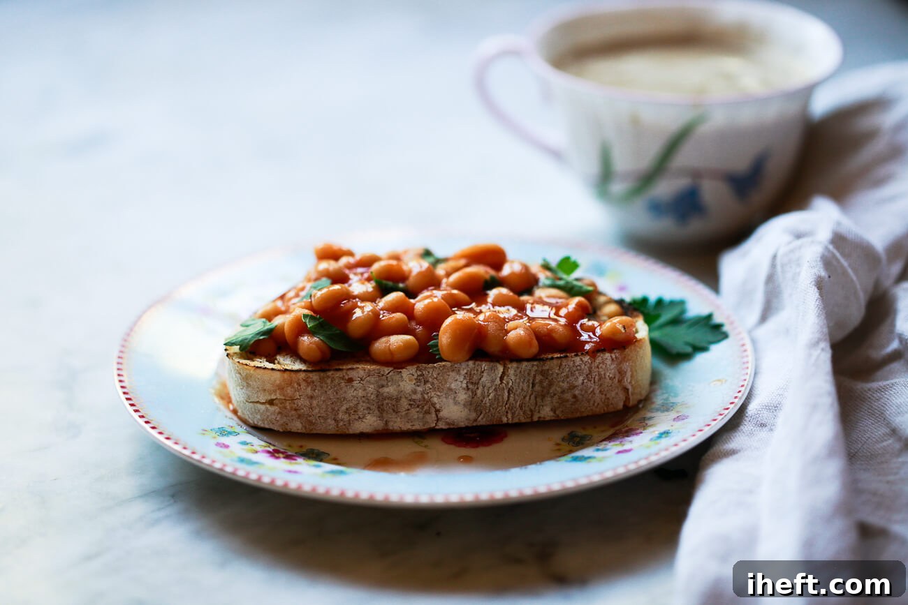 A thick slice of golden toast generously topped with iconic Heinz baked beans, forming the classic British dish, Beans on Toast.
