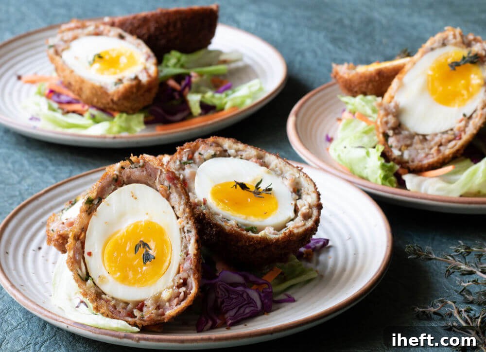 Three artfully halved Scotch Eggs displayed on separate plates, showcasing this traditional British food.