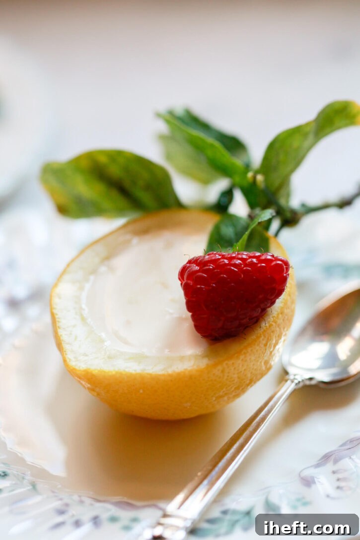 A refreshing lemon posset elegantly served in a hollowed lemon shell, garnished with fresh raspberries and a sprig of mint.